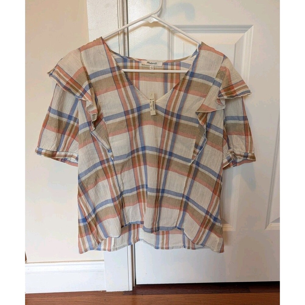 NEW Madewell V-Neck Ruffle Plaid Short Sleeve Top L Cotton Sheer Cottagecore